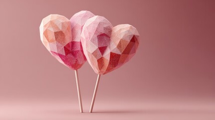 Three heart-shaped lollipops in shades of pink, set against a soft pink background, create a whimsical and playful aesthetic.