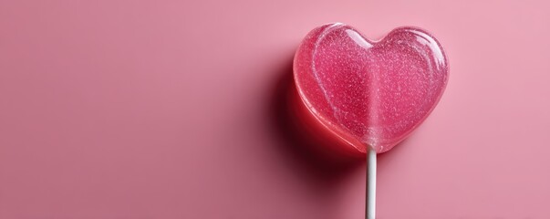 A shiny pink heart-shaped lollipop on a soft pink background, evoking sweetness and affection.