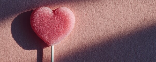 A pink heart-shaped lollipop rests against a textured background, casting a soft shadow, evoking feelings of sweetness and love.