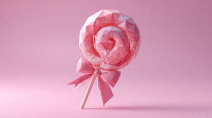 A geometric, pink lollipop design featuring a spiral shape and a bow, set against a soft pink background.