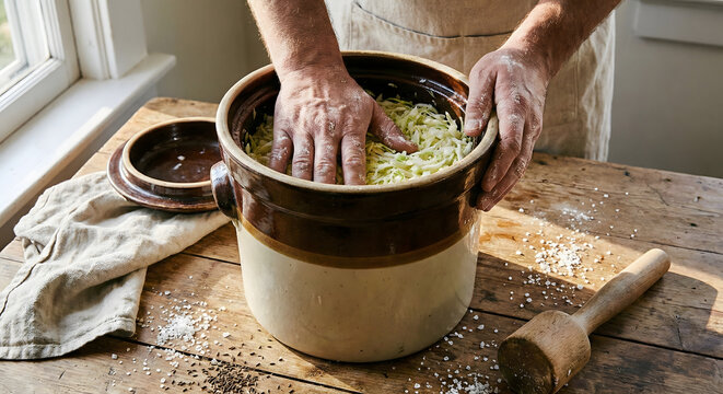 Hands pressing shredded cabbage into ceramic fermentation crock for homemade sauerkraut on rustic wooden table