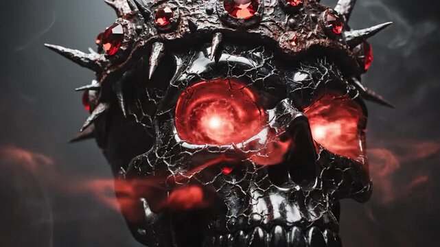 Gothic skull with glowing red eyes, jagged crown, metallic surface, smoke swirls, ominous shadows!!
