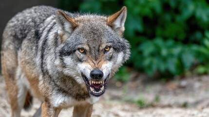 Fototapeta premium Wolf showing teeth in forest during daytime near green plants in the background