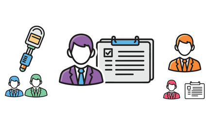 Vector illustration set of professional male avatars in colorful suits featuring clipboard checklist and digital thermometer for recruitment hr management and medical health screening concepts