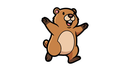 Groundhog day beaver cartoon welcoming spring, arms wide open. Ideal for springthemed designs, greeting cards, social media posts, and websites.