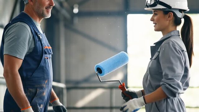 Two construction workers, one male and one female, exchanging a paint roller in a well-lit workshop with a metal framework