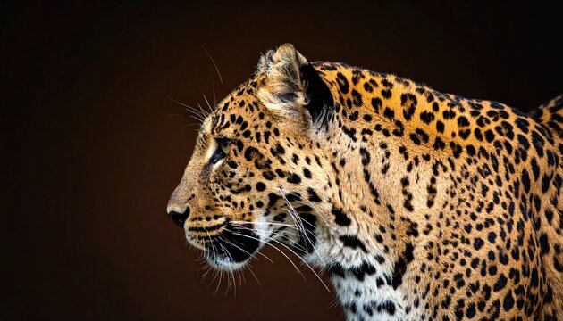 A majestic feline with striking spotted fur gazes intensely to the left