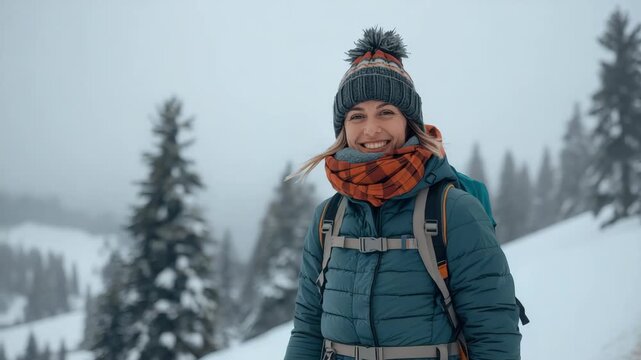 Smiling woman hiker winter jacket and knitted hat snowy mountain trail with backpack and joyful