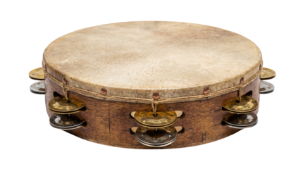 Traditional wooden tambourine with natural skin and brass jingles isolated PNG with Transparent Background