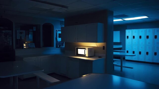 Night shift ambiance in a break room captured in medium shot with a glowing microwave highlighted and dimly lit lockers fading into the background.
