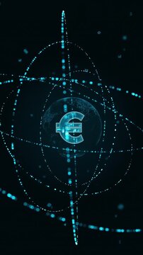 Motion graphic Blue digital money logo with particle ring circle rotation and earth sphere with ai technology icon on futuristic abstract background crypto currency finance vertical video concepts