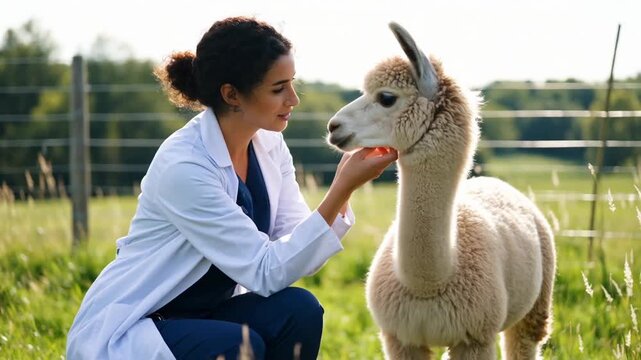 A veterinarian in a white coat gently interacting with an alpaca in a sunny, green pasture, conveying a caring atmosphere