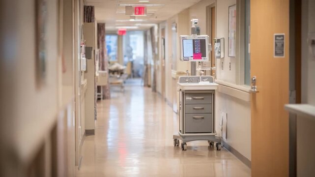 Narrow hallway in a medical endoscopy unit with clear view of a focused turnover cart against a softly blurred corridor and multiple room entrances.