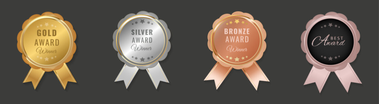 Premium award medal set: gold, silver, bronze, and rose gold. Realistic vector badges with ribbons and stars for winners and achievements. Professional recognition elements for certificates.