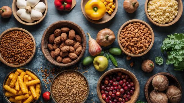 Colorful rustic overhead display of nut grain fruit and vegetable in wooden bowl ensemble