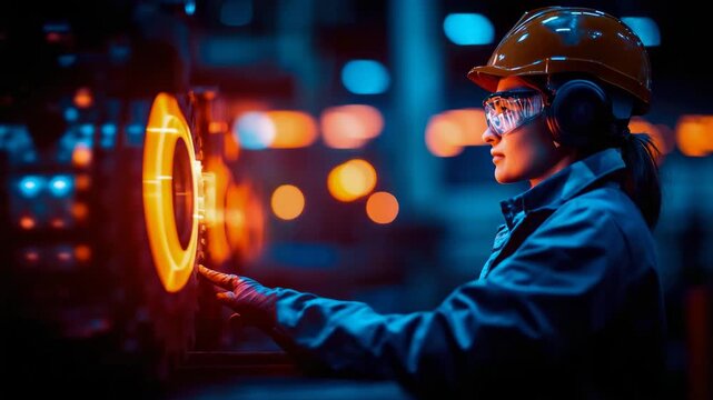 Skilled industrial worker wearing safety equipment interacts with brightly lit component during night shift production operations.