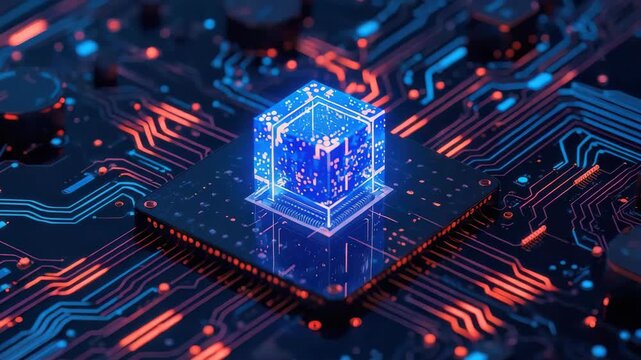 Glowing digital cube above microchip circuit conveying futuristic computing and data processing