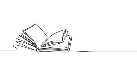 An open book illustration rendered as a single continuous line drawing © kakolicrator