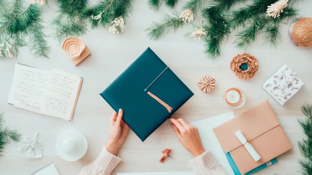 Moment of academic accomplishment: Hands present distinguished teal mortarboard, framed by evergreen branches and study materials on bright wooden desktop.