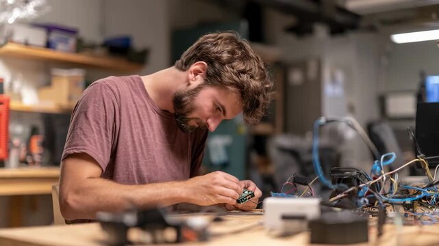 Student installing motion sensors on smart home device with outoffocus adaptive tools in modern training lab