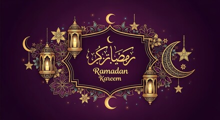 Ramadan Kareem Greeting Card with Golden Lanterns and Crescents