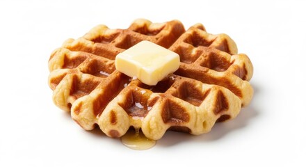 Single Waffle with Melting Butter on White Background