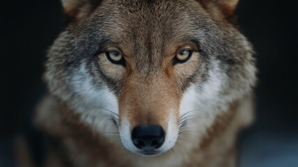 Fototapeta premium Intense close-up portrait of a wolf's face with piercing yellow eyes and detailed fur texture