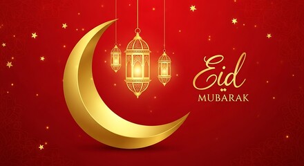 Eid Mubarak Greeting Card with Crescent Moon and Lanterns