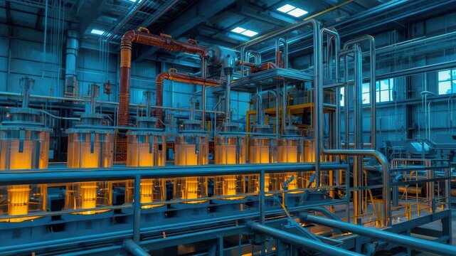 Industrial chemical plant interior with glowing reactors and stainless pipe networks conveying warm
