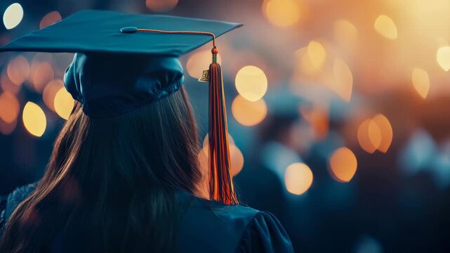 Solemn Glimpse of Graduate in Academic Cap and Gown Facing Bright Event Illumination from Behind