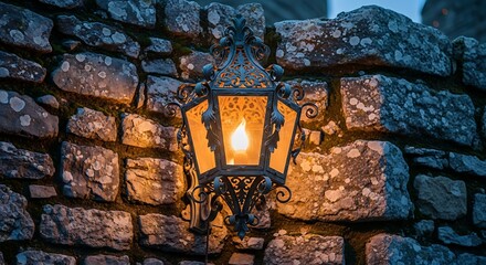 Stone Wall with Decorative Lantern at Dusk