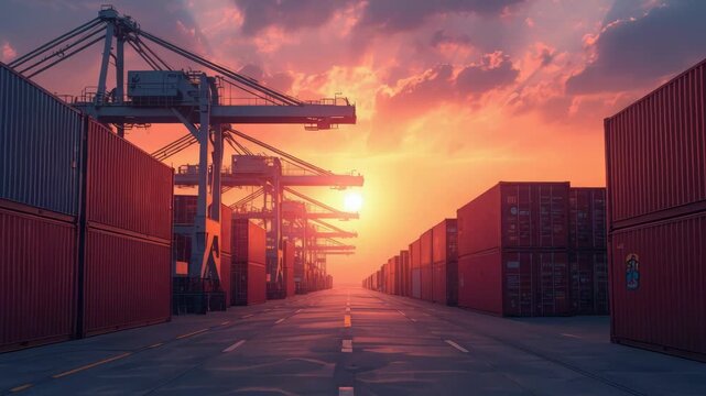 Container port cranes and stacked shipping container dramatic sunset sunrise orange sky empty