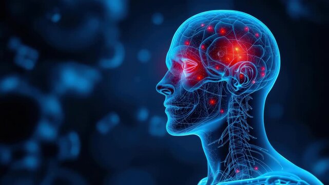 Anatomical head brain neural neuron nervous system neon xray with glowing activity red hotspots