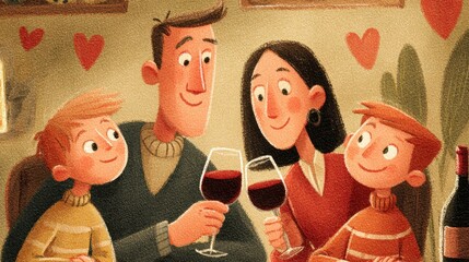 A cozy family gathering with parents and two children, enjoying drinks and sharing smiles in a warm, heart-filled atmosphere.