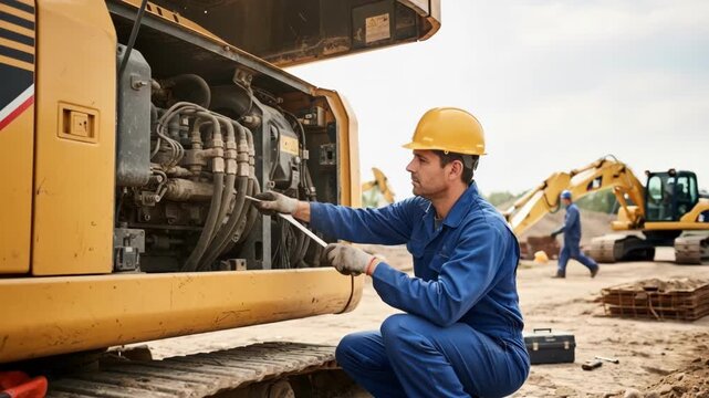 Medium shot of a mechanic performing routine maintenance on a dusty excavator inspecting hydraulic hoses and engine components in a rugged construction site.