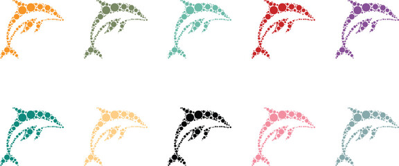 Fototapeta premium Leaping dolphin silhouettes made of colorful circles, Jumping marine mosaic figures in hues