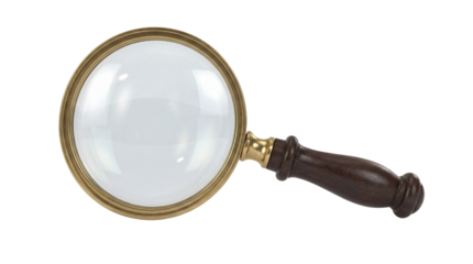 Vintage Brass Magnifying Glass with Dark Wood Handle isolated PNG with Transparent Background