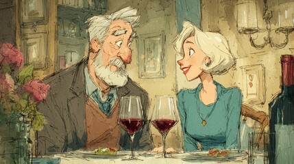 A charming illustration of an elderly couple enjoying a romantic dinner, surrounded by wine glasses and a warm, cozy atmosphere.