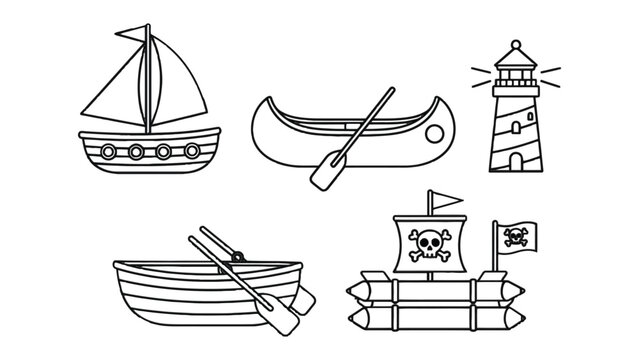 Navigational Ensemble: A charming black and white illustration of various watercraft and a lighthouse, ready to set sail for adventure or guide the way with unwavering light.