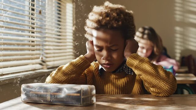 Stressed student covers ears in classroom with noise. Boy blocks sound at school desk near window. Student stressed by classroom noise covers ears. Child at desk with pencil case covers ears.