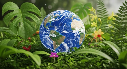 Terrestrial sphere rests amidst lush, vibrant tropical foliage with fresh dew drops