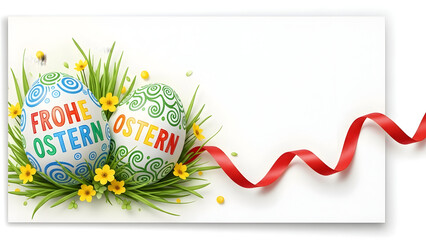 Easter greeting card with decorated eggs and ribbon