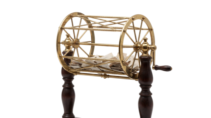 Vintage Brass and Wood Lottery Raffle Drum with Tickets isolated PNG with Transparent Background