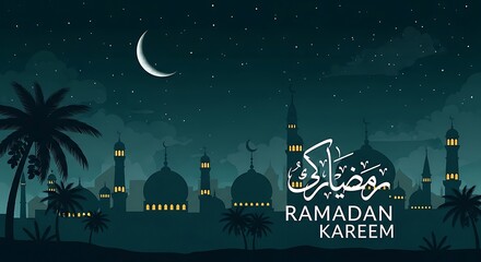 Ramadan Kareem Night Sky with Mosque and Crescent Moon