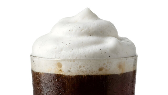 Vanilla cold foam coffee with creamy froth and dark espresso. This refreshing iced beverage features whipped milk and sweet vanilla bean specks on a white background.