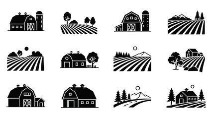 Naklejka premium Black silhouette icons depicting rural landscapes and farm buildings, including barns, fields, and trees, against a white background.
