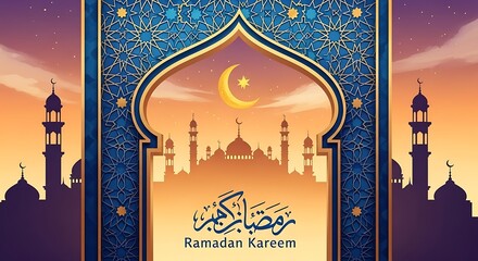 Ramadan Kareem Greeting Card with Islamic Mosque Design