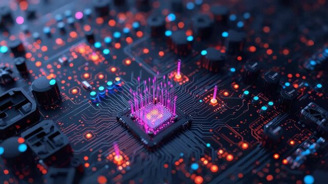 Glowing microchip circuit board neon light glowing electronic component processor circuitry vibrant