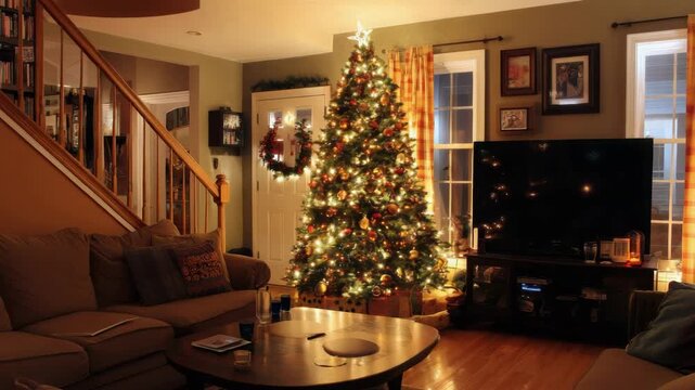 Cozy living room decorated for Christmas with a glowing tree and comfortable seating