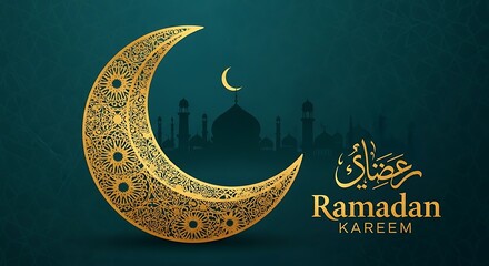 Golden Crescent Moon with Mosque Skyline for Ramadan Kareem